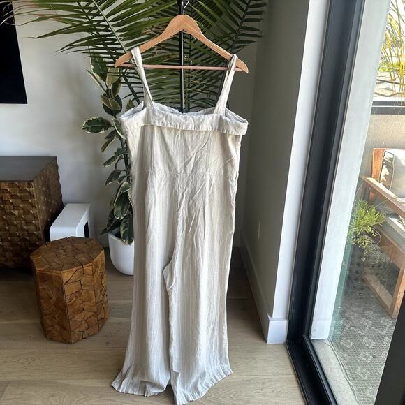 Linen Blend Wide Leg Jumpsuit Pant XL Button Front Boho White and Beige Resort - Picture 2 of 8